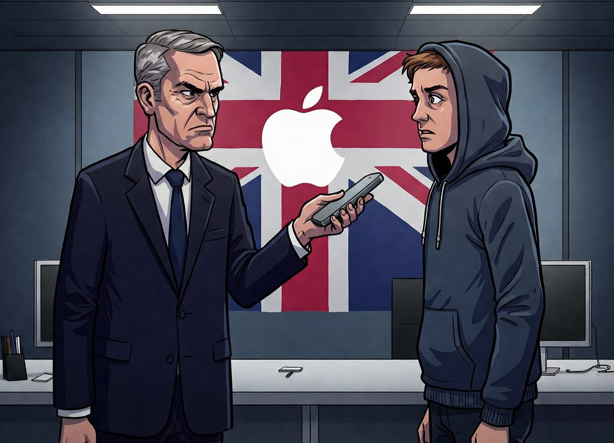 A creepy looking guy with an iPhone talking to someone that looks like an Apple Store person in a hoody. 